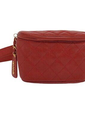 CHANEL Matelasse Waist bag Grained Calf Skin Red Gold CC Auth BD2190